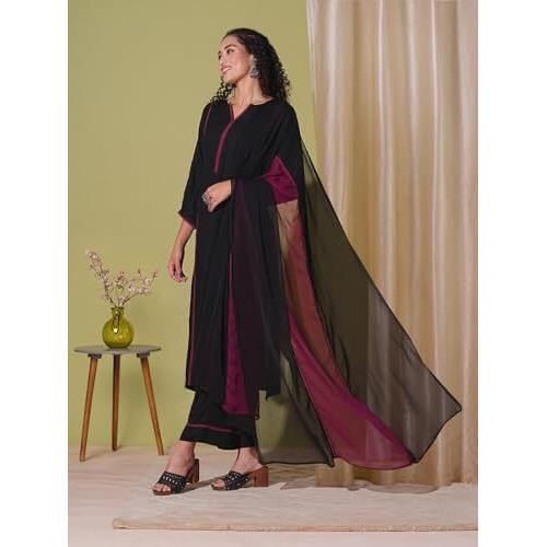 ANNI DESIGNER Women's Rayon Viscose Straight Solid Kurta with Pant & Dupatta (NANAD BLACK-VKS01_L_Black_Large)