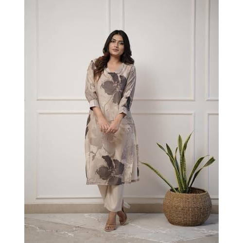 ANNI DESIGNER Women's Rayon Viscose Straight Printed Kurta with Pant (KITIMAT Cream_S_Cream_Small)