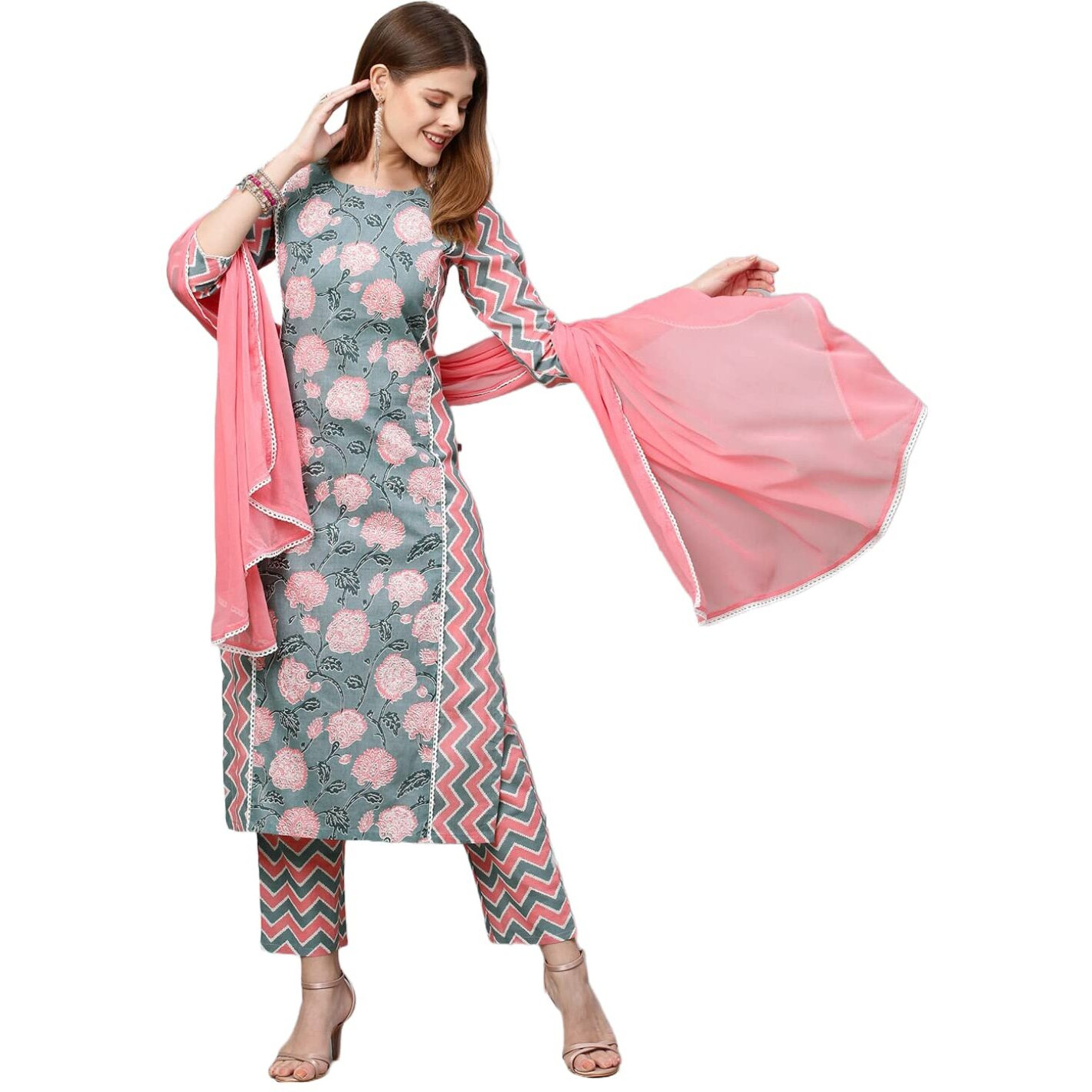 ANNI DESIGNER Women's Cotton Blend Straight Printed Kurta with Pant & Dupatta (Jam001-Grey_S_Dark Blue_Small)
