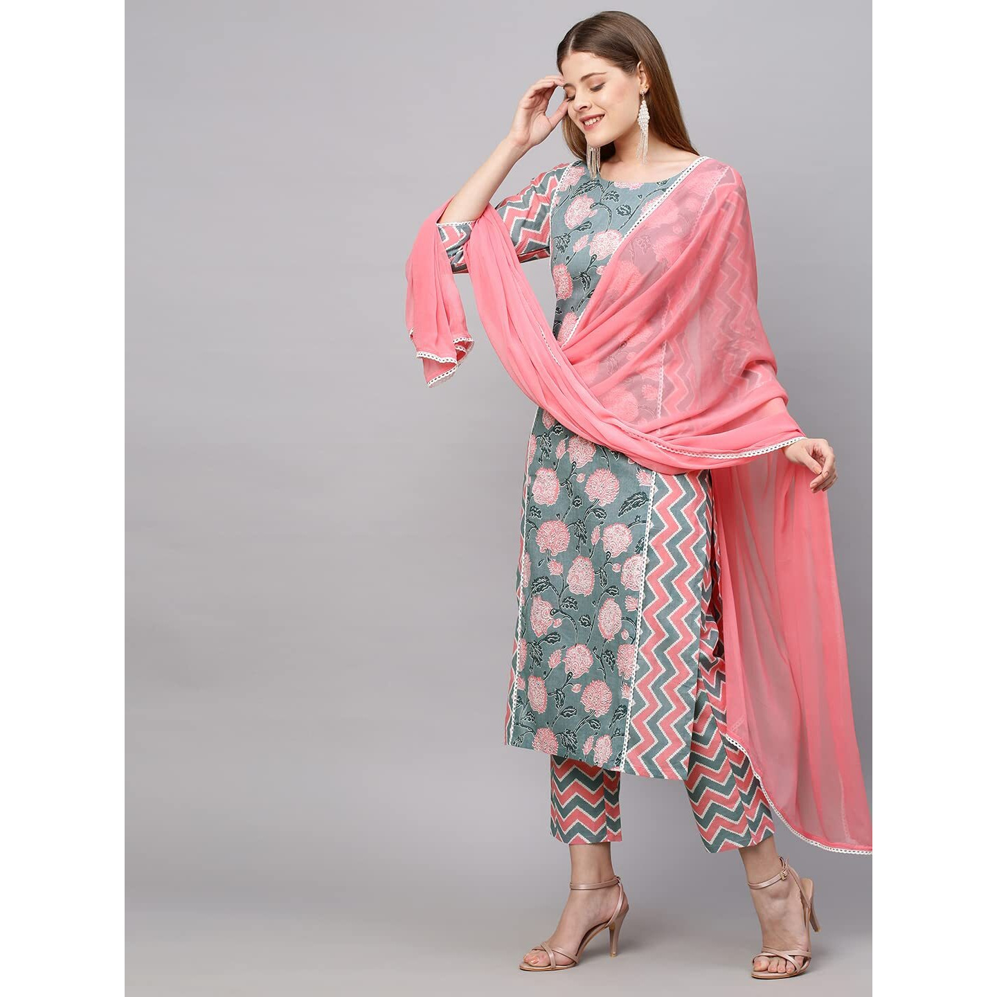 ANNI DESIGNER Women's Cotton Blend Straight Printed Kurta with Pant & Dupatta (Jam001-Grey_S_Dark Blue_Small)