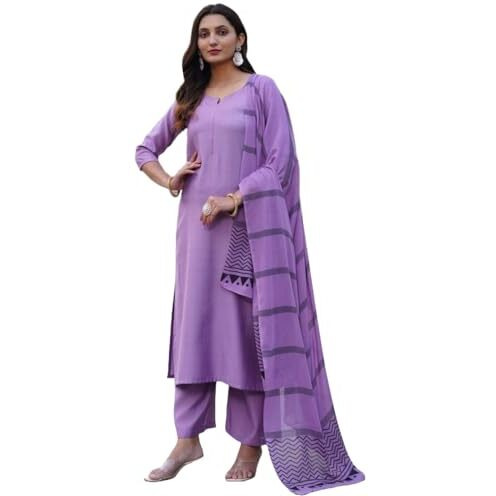 ANNI DESIGNER Women's Rayon Blend Solid Straight Kurta with Pant & Dupatta (Raja Saab Purple-VKS05_XL_Purple_X-Large)