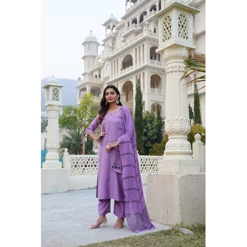 ANNI DESIGNER Women's Rayon Blend Solid Straight Kurta with Pant & Dupatta (Raja Saab Purple-VKS05_XL_Purple_X-Large)