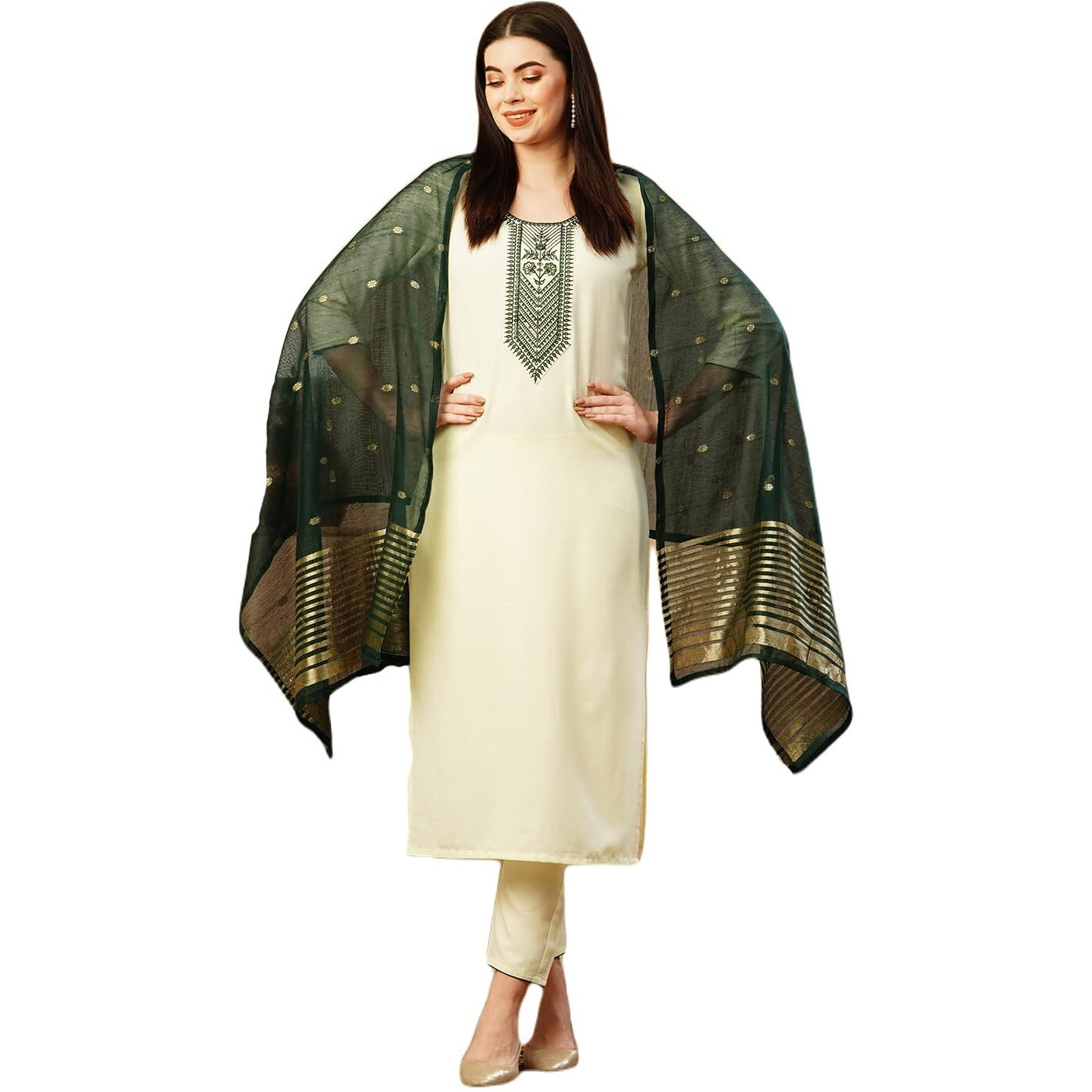 ANNI DESIGNER Women's Cotton Blend Embroidered Straight Kurta with Pant & Dupatta (KAJ50 Cream_XXL_Cream_XX-Large)