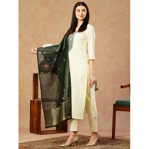 ANNI DESIGNER Women's Cotton Blend Embroidered Straight Kurta with Pant & Dupatta (KAJ50 Cream_XXL_Cream_XX-Large)