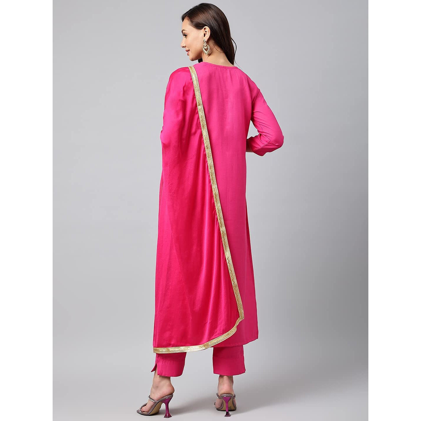 ANNI DESIGNER Women's Cotton Blend Embroidered Straight Kurta with Pant & Dupatta (Lissy STY Pink_L_Pink_Large)