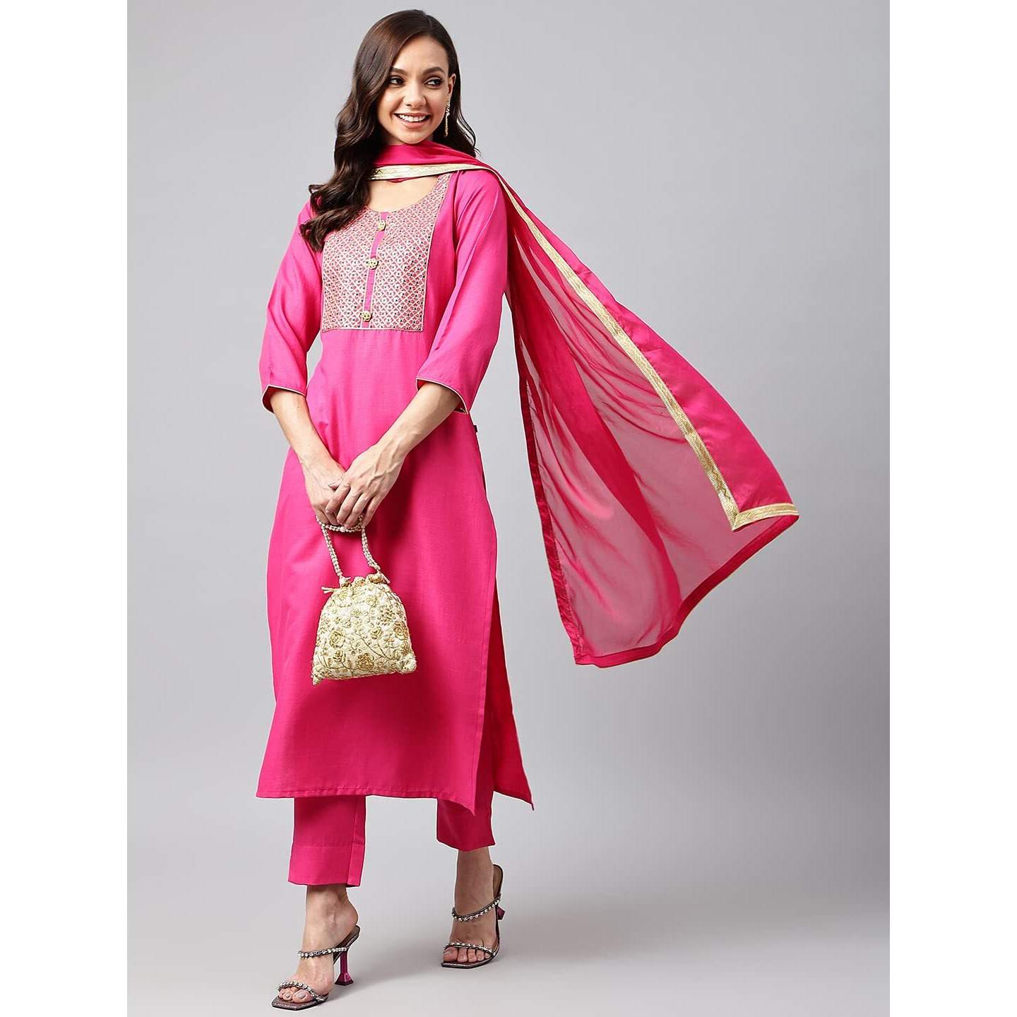 ANNI DESIGNER Women's Cotton Blend Embroidered Straight Kurta with Pant & Dupatta (Lissy STY Pink_L_Pink_Large)