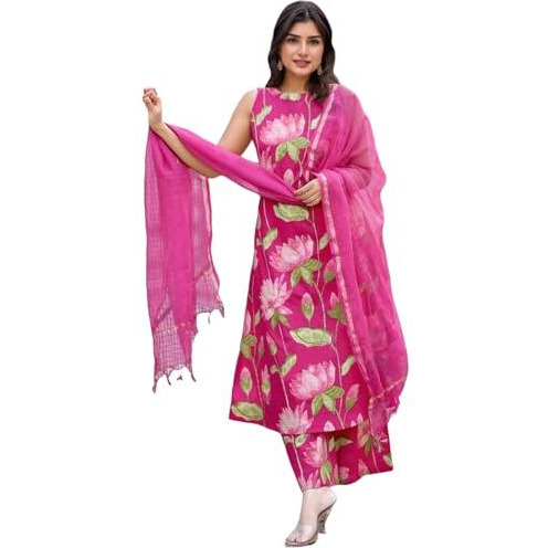 ANNI DESIGNER Women's Rayon Viscose Printed A-Line Kurta with Palazzo & Dupatta (Amala PINK-VKS01_L_Pink_Large)