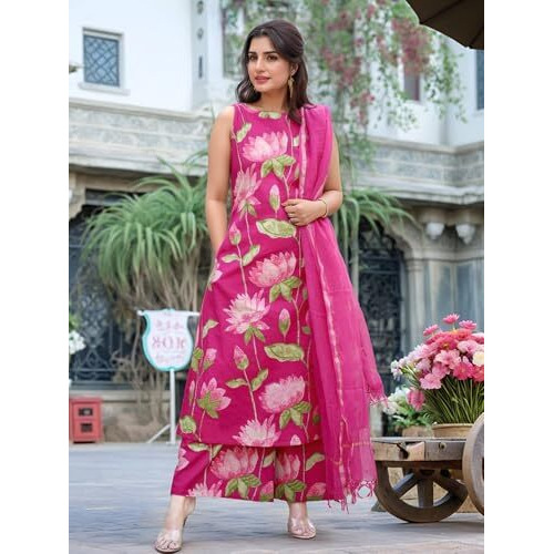 ANNI DESIGNER Women's Rayon Viscose Printed A-Line Kurta with Palazzo & Dupatta (Amala PINK-VKS01_L_Pink_Large)