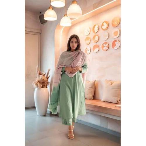 ANNI DESIGNER Women's Rayon Viscose Solid Straight Kurta with Pant & Dupatta (Paradise PISTA-VKS01_S_Pista_Small)