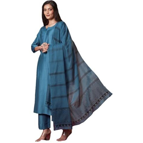 ANNI DESIGNER Women's Rayon Viscose Solid Straight Kurta with Pant & Dupatta (Raja Saab Light Blue-VKS13_XXL_Light Blue_XX-Large)
