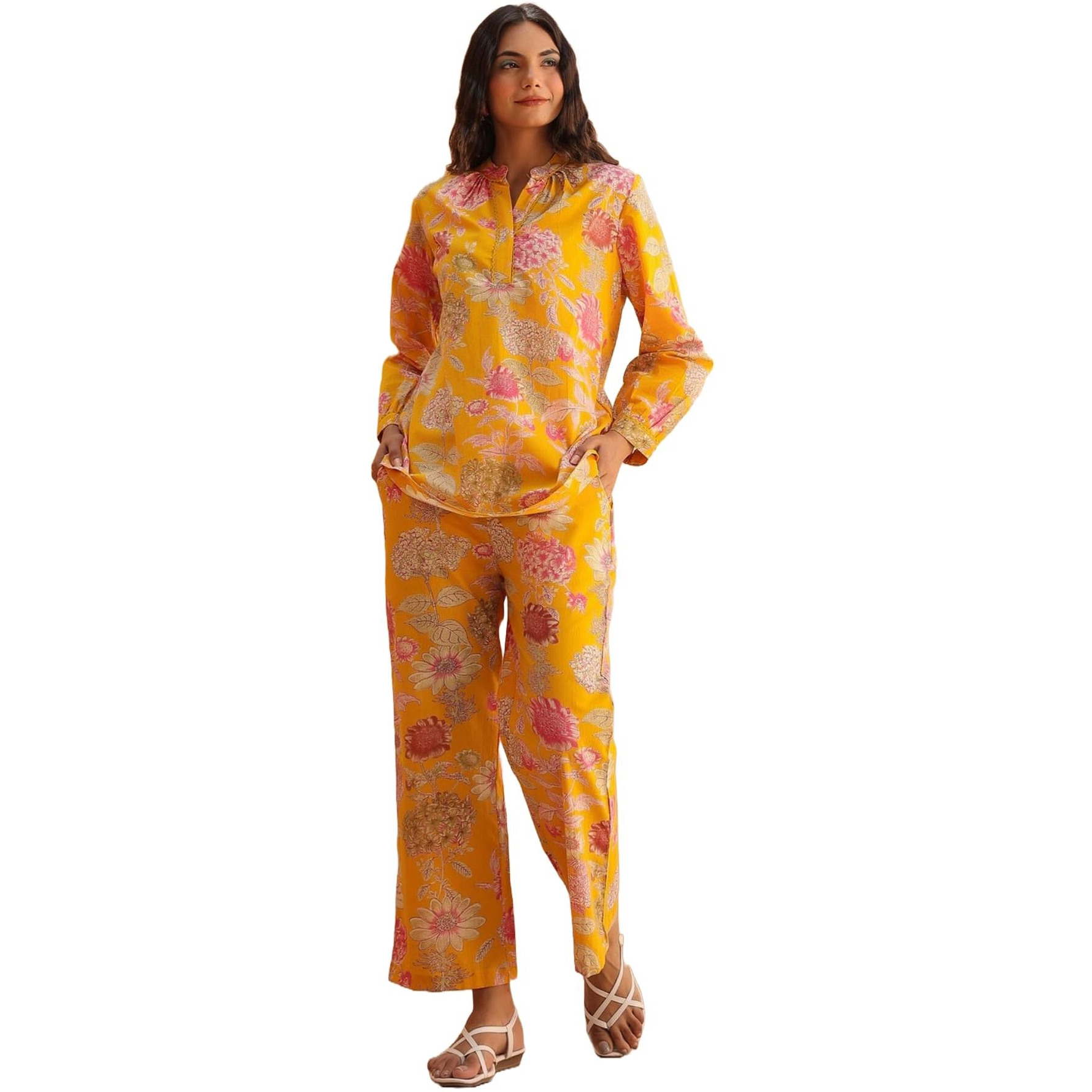 ANNI DESIGNER Women's Cotton Blend Printed Ethnic Co-ord Set (Cooper Yellow_S_Yellow_Small)