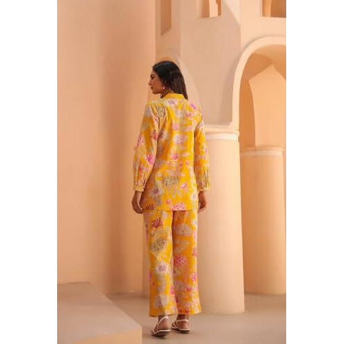 ANNI DESIGNER Women's Cotton Blend Printed Ethnic Co-ord Set (Cooper Yellow_S_Yellow_Small)