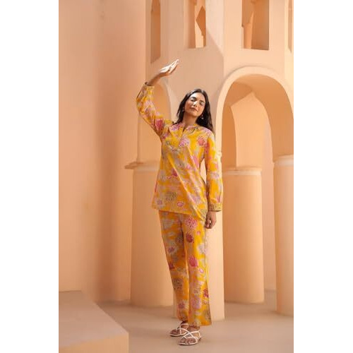 ANNI DESIGNER Women's Cotton Blend Printed Ethnic Co-ord Set (Cooper Yellow_S_Yellow_Small)