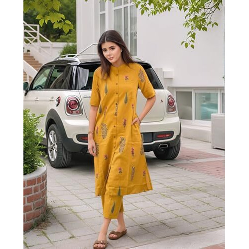 ANNI DESIGNER Women's Rayon Viscose Printed A-Line Kurta with Pant (Barkat Yellow-VKS02_M_Yellow_Medium)