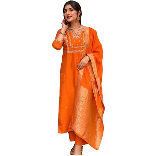 ANNI DESIGNER Women's Silk Blend Straight Embroidered Kurta with Pant & Dupatta (MANUSHI Orange-VKS02_XXL_Orange_XX-Large)