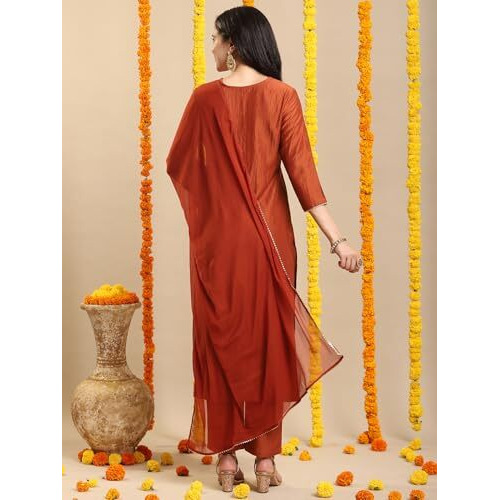 ANNI DESIGNER Women's Rayon Viscose Embroidered Straight Kurta with Pant & Dupatta (GALPATIYO MUSTARD-VKS03_L_Mustard_Large)