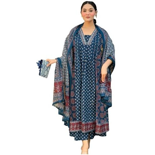 ANNI DESIGNER Women's Rayon Viscose Anarkali Printed Kurta with Palazzo & Dupatta (NAKULA Blue_XL_Blue_X-Large)