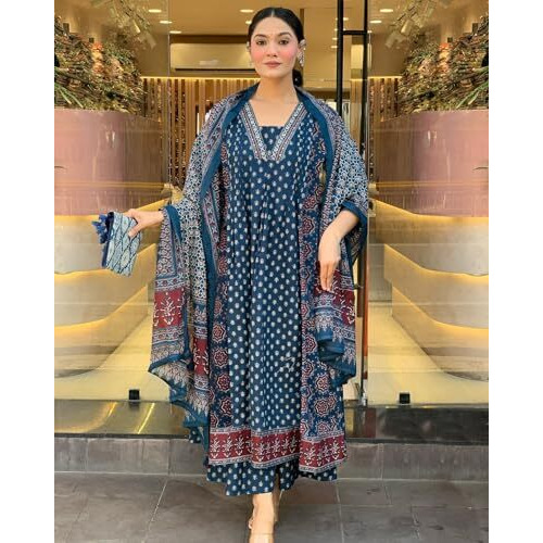 ANNI DESIGNER Women's Rayon Viscose Anarkali Printed Kurta with Palazzo & Dupatta (NAKULA Blue_XL_Blue_X-Large)