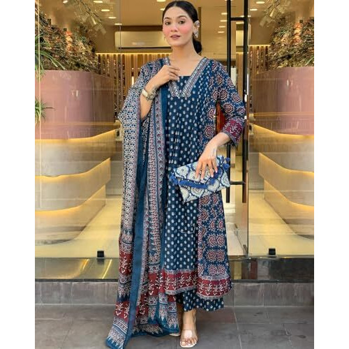 ANNI DESIGNER Women's Rayon Viscose Anarkali Printed Kurta with Palazzo & Dupatta (NAKULA Blue_XL_Blue_X-Large)