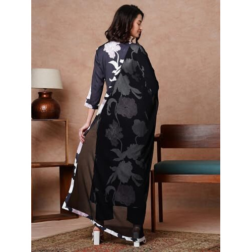 ANNI DESIGNER Women's Rayon Blend Straight Printed Kurta with Pant & Dupatta (KALAL Black-NW_3XL_Black_XXX-Large)