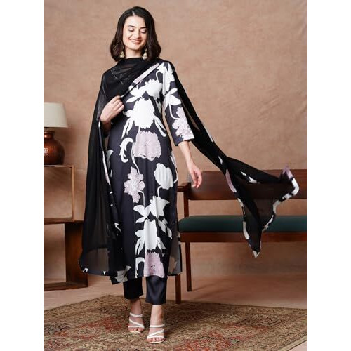 ANNI DESIGNER Women's Rayon Blend Straight Printed Kurta with Pant & Dupatta (KALAL Black-NW_3XL_Black_XXX-Large)