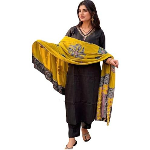 ANNI DESIGNER Women's Rayon Viscose Straight Solid Kurta with Pant & Dupatta (Fronx Black-VKS04_S_Black_Small)