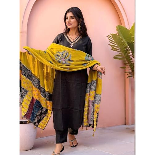 ANNI DESIGNER Women's Rayon Viscose Straight Solid Kurta with Pant & Dupatta (Fronx Black-VKS04_S_Black_Small)