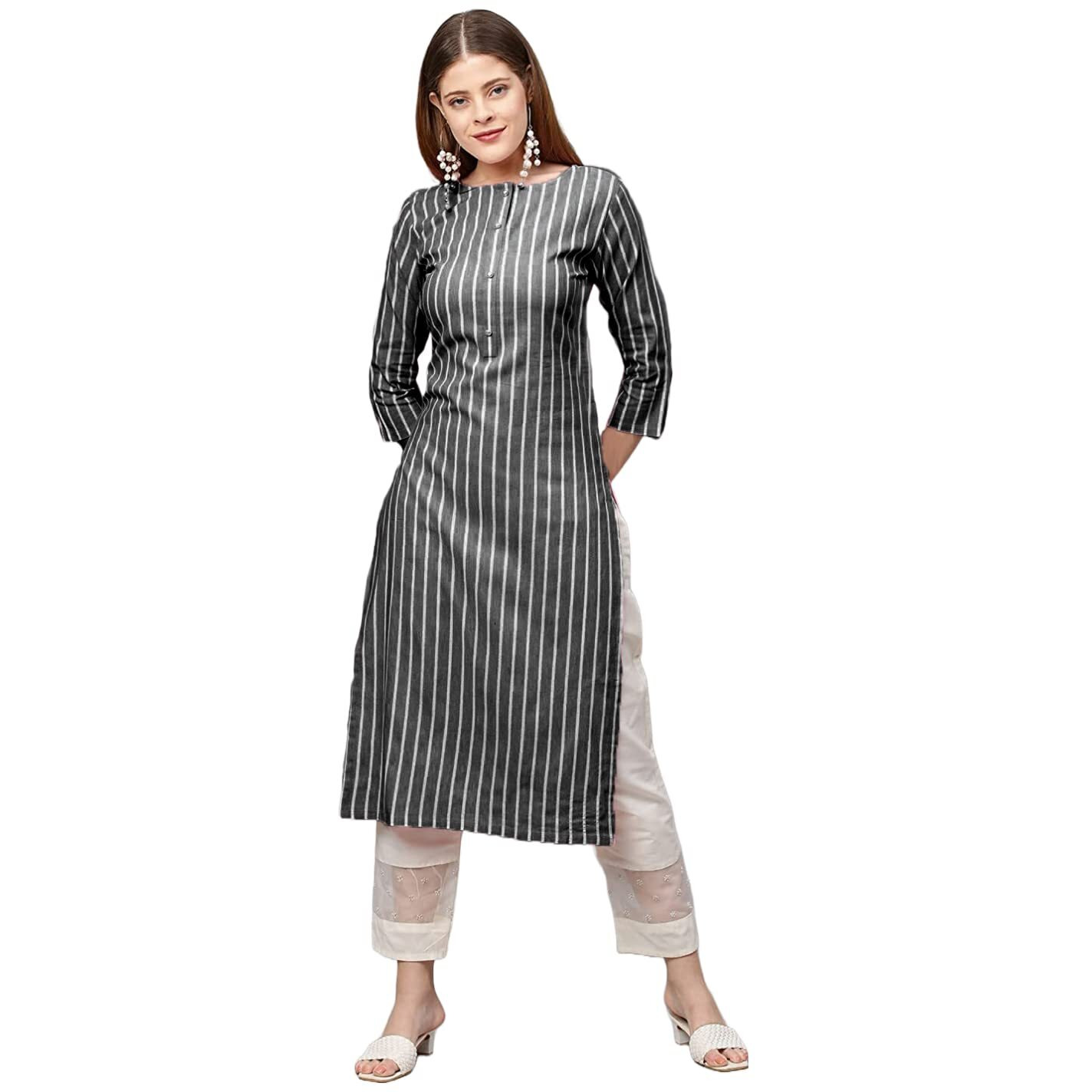 ANNI DESIGNER Women's Cotton Blend Printed Straight Kurta (Line New Black_M_Black_Medium)