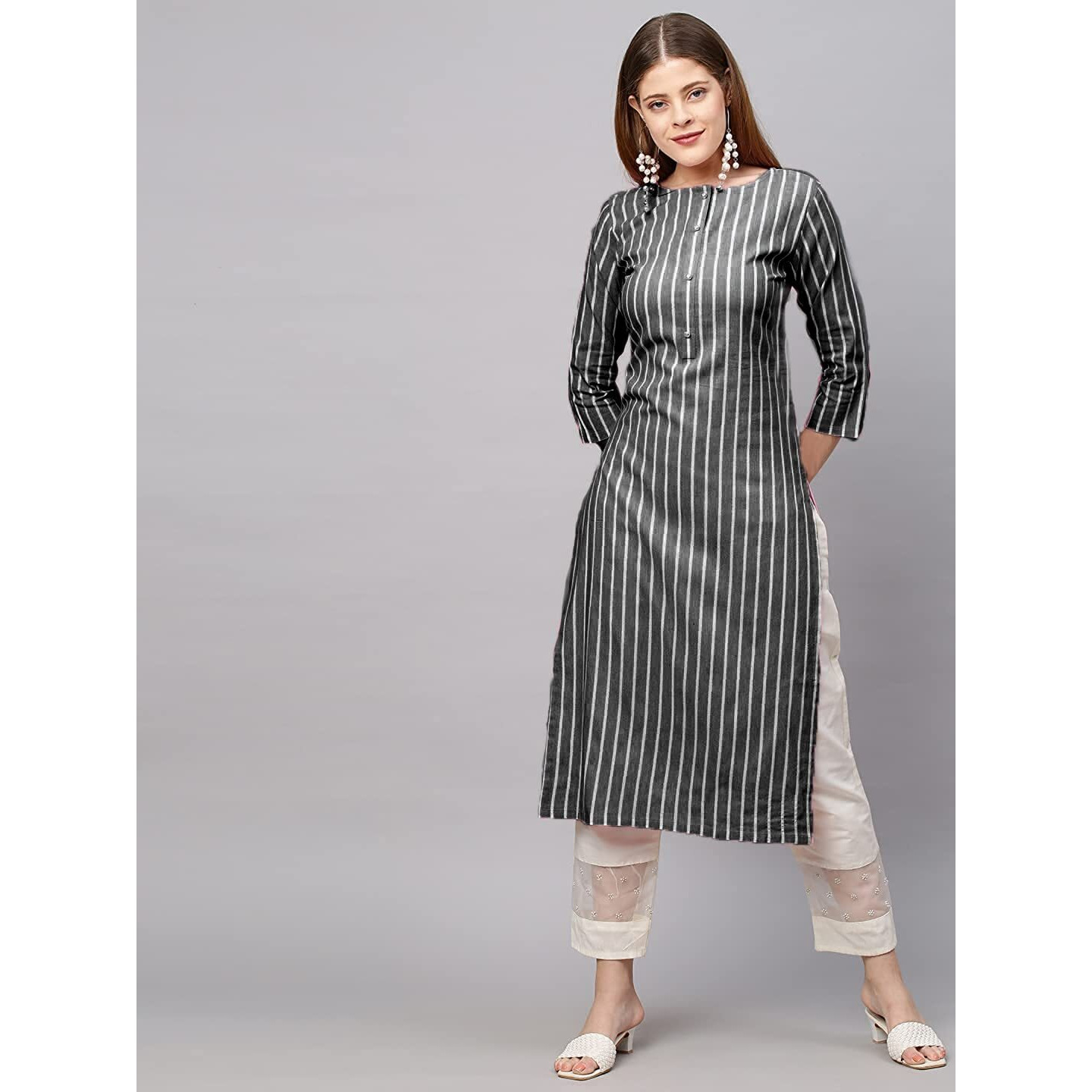 ANNI DESIGNER Women's Cotton Blend Printed Straight Kurta (Line New Black_M_Black_Medium)