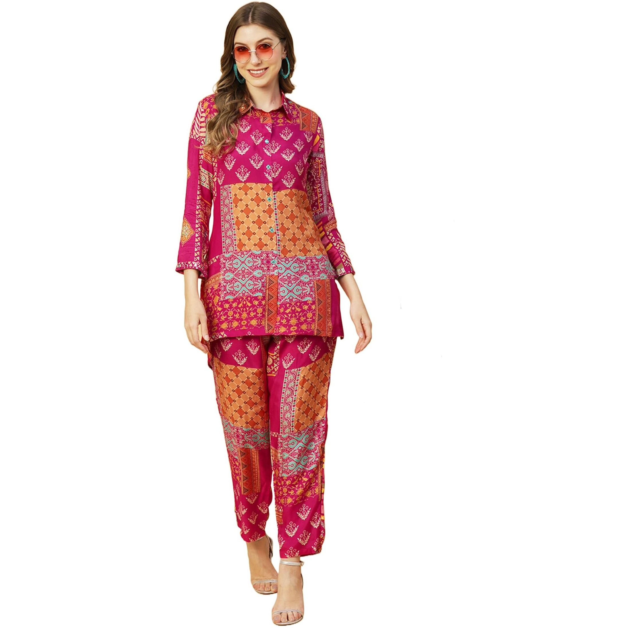 ANNI DESIGNER Women's Cotton Blend Straight Floral Printed Co-Ord Set (ABC Cod Pink-Nw_XL_Pink_X-Large)