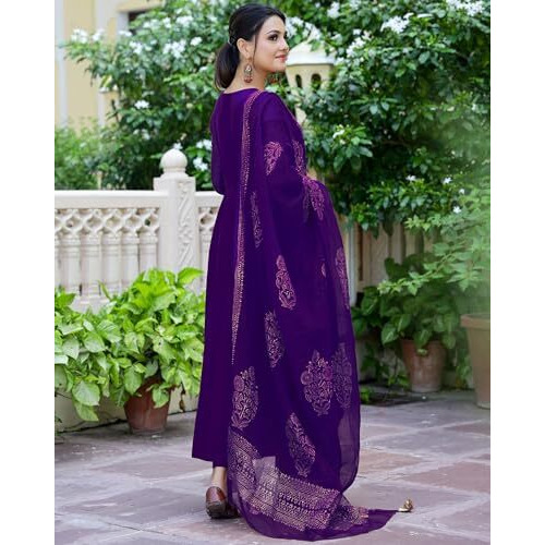 ANNI DESIGNER Women's Rayon Blend Solid Anarkali Kurta with Pant & Dupatta (Magic-Violet-NW_M_Violet_Medium)