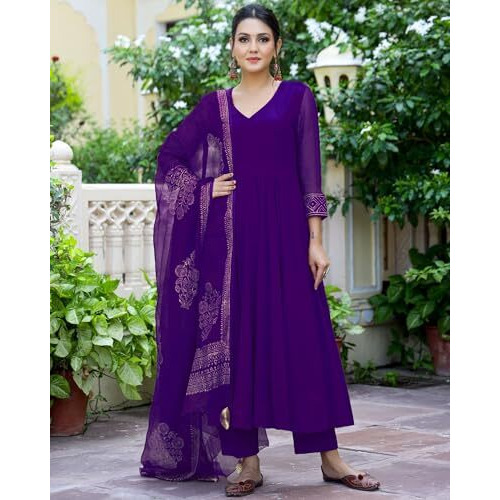 ANNI DESIGNER Women's Rayon Blend Solid Anarkali Kurta with Pant & Dupatta (Magic-Violet-NW_M_Violet_Medium)