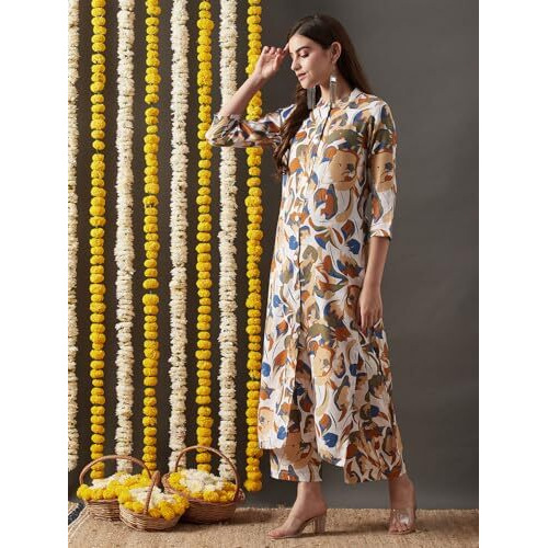ANNI DESIGNER Women's Cotton Blend Straight Printed Kurta with Palazzo (Yamla Yellow_XXL_Yellow_XX-Large)