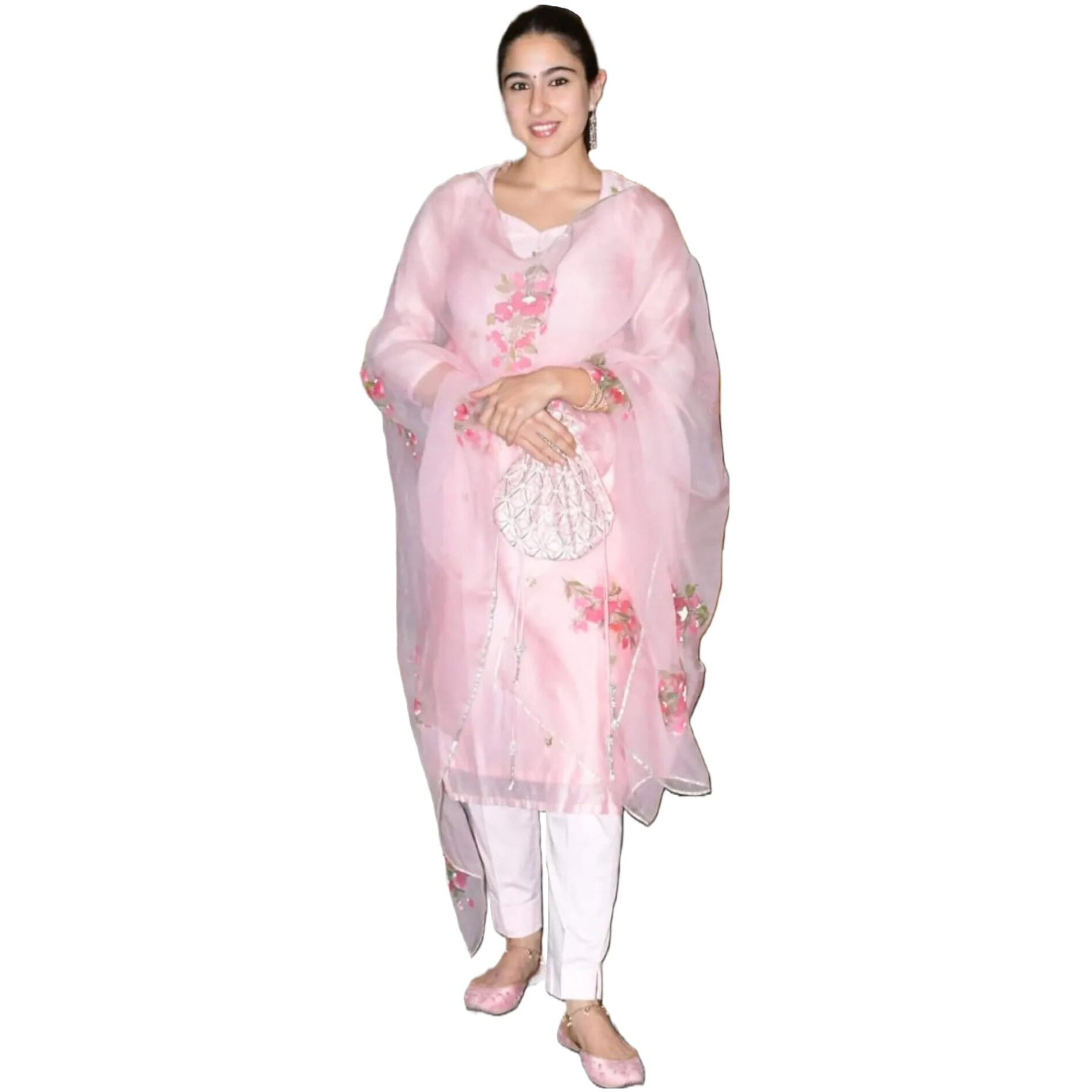 ANNI DESIGNER Women's Organza Straight Printed Kurta with Pant & Dupatta (Mala Pink-NVW_L_Pink_Large)