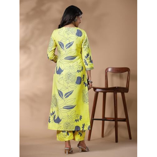 ANNI DESIGNER Women's Rayon Blend Straight Printed Kurta with Palazzo (ANAAR-Green_M_Green_Medium)
