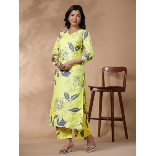 ANNI DESIGNER Women's Rayon Blend Straight Printed Kurta with Palazzo (ANAAR-Green_M_Green_Medium)