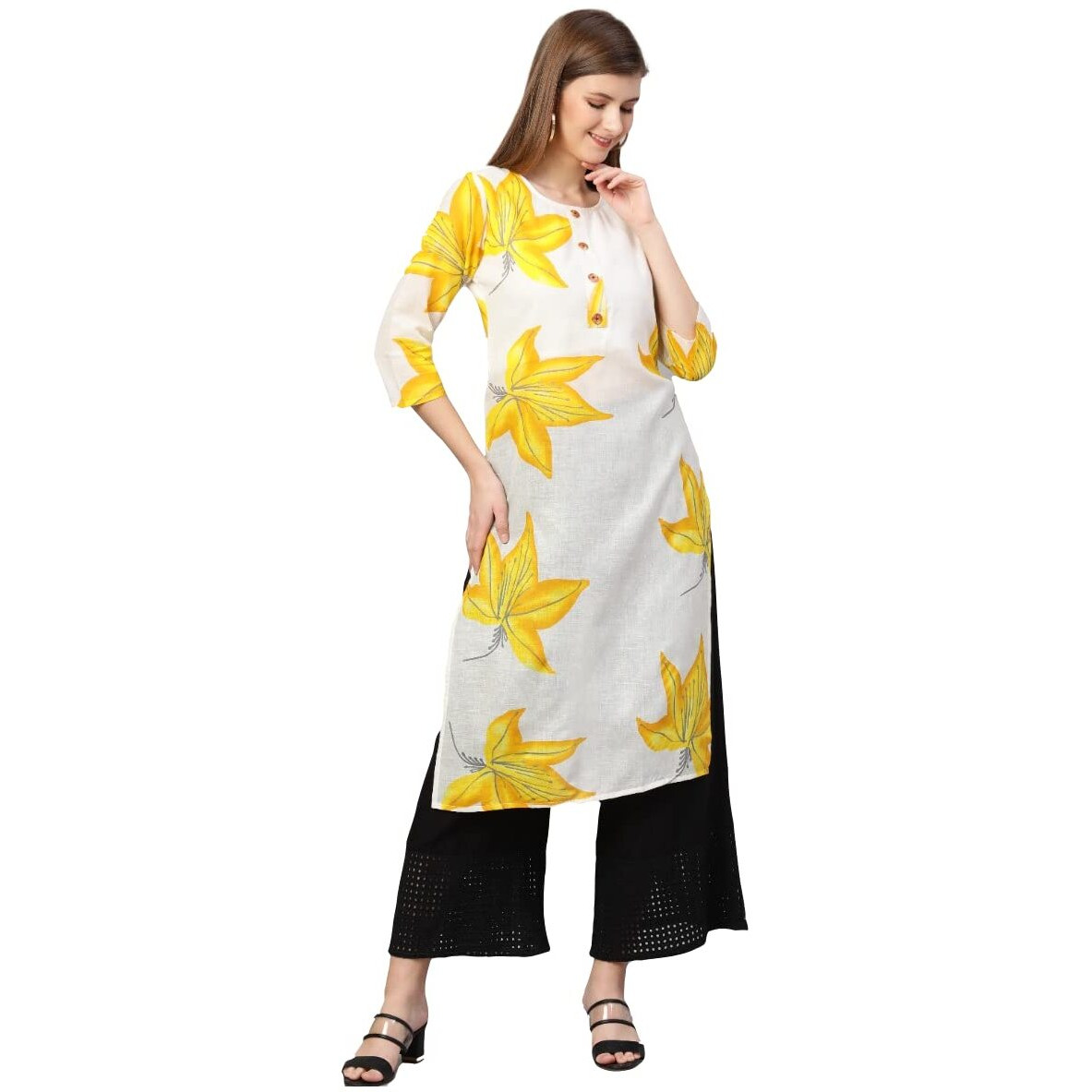 ANNI DESIGNER Women's Cotton Blend Kurta (KT-COT-10093_Blue_Yellow_Medium)