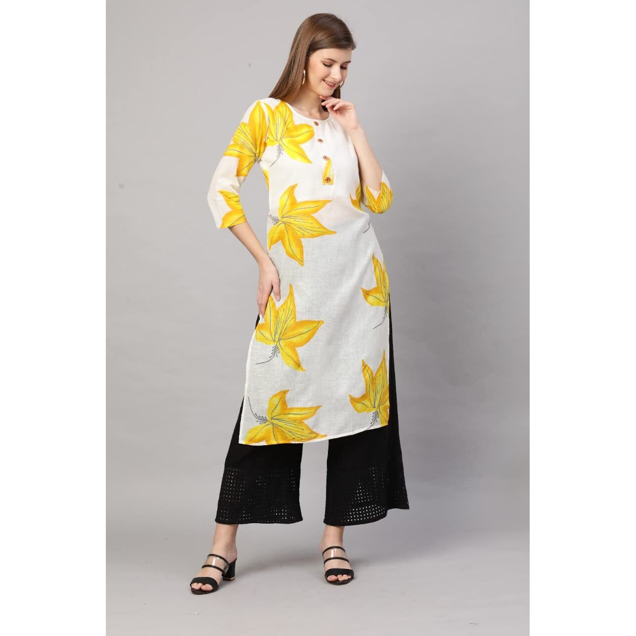ANNI DESIGNER Women's Cotton Blend Kurta (KT-COT-10093_Blue_Yellow_Medium)