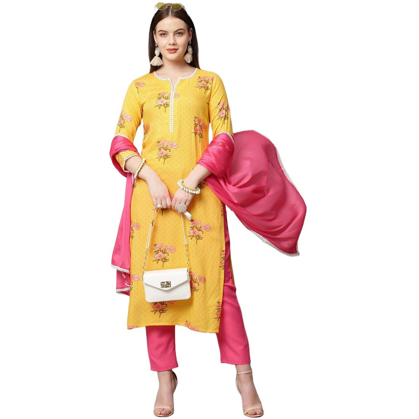 ANNI DESIGNER Women's Cotton Blend Floral Printed Straight Kurta with Pant & with Dupatta (AMD 29-Yellow_S_Yellow_Small)
