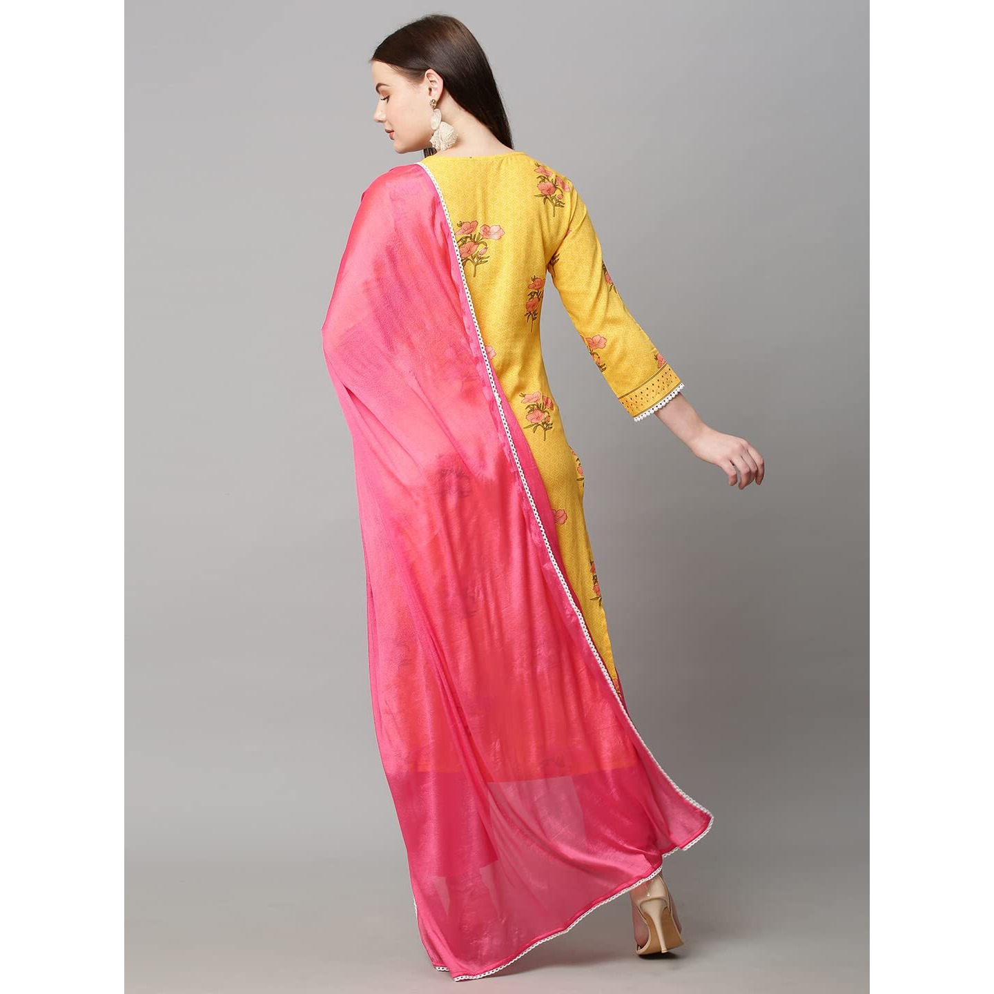 ANNI DESIGNER Women's Cotton Blend Floral Printed Straight Kurta with Pant & with Dupatta (AMD 29-Yellow_S_Yellow_Small)
