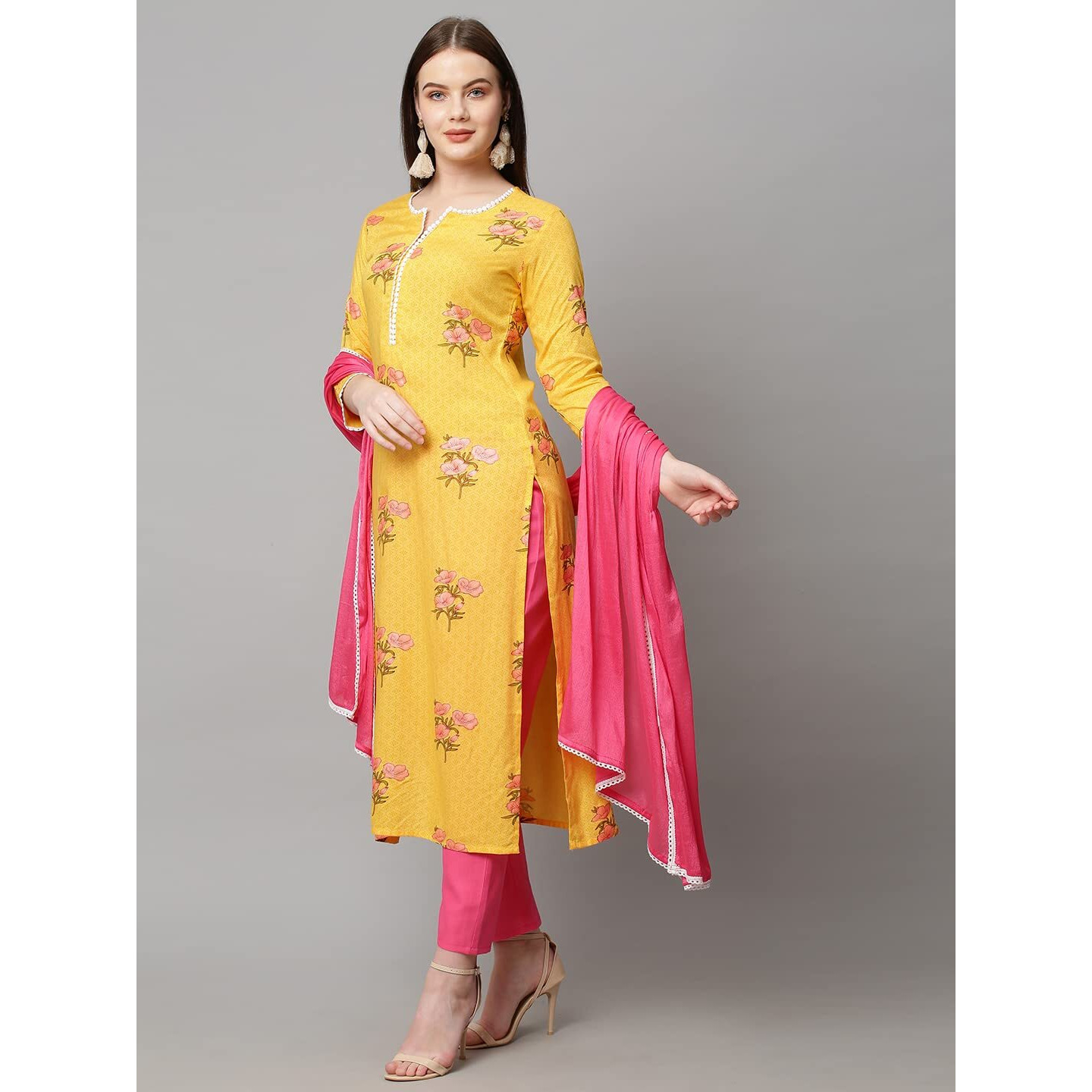 ANNI DESIGNER Women's Cotton Blend Floral Printed Straight Kurta with Pant & with Dupatta (AMD 29-Yellow_S_Yellow_Small)
