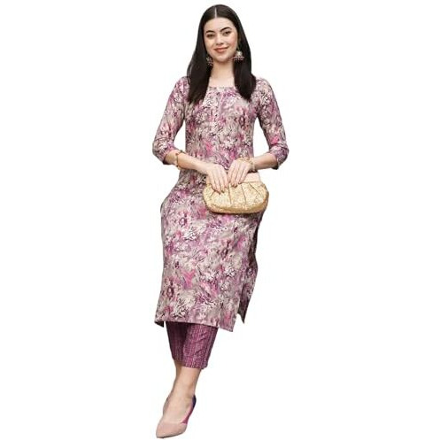 ANNI DESIGNER Women's Cotton Blend Straight Printed Kurta with Pant (Seep Purple-NW_3XL_Purple_XXX-Large)