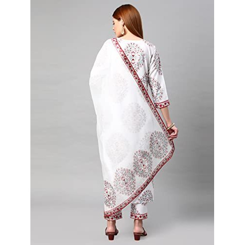 ANNI DESIGNER Women's Cotton Blend Floral Printed Straight Kurta with Pants & Dupatta (Cup-Off White-Nw_M_White_Medium)