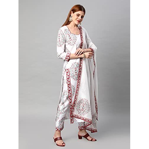 ANNI DESIGNER Women's Cotton Blend Floral Printed Straight Kurta with Pants & Dupatta (Cup-Off White-Nw_M_White_Medium)