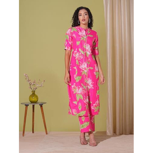ANNI DESIGNER Women's Rayon Viscose Straight Printed Kurta with Pant (Ladat Pink-VKS03_XXL_Pink_XX-Large)