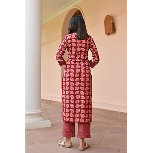 ANNI DESIGNER Women's Cotton Blend Straight Printed Kurta with Pant (VIDULA Maroon_L_Maroon_Large)