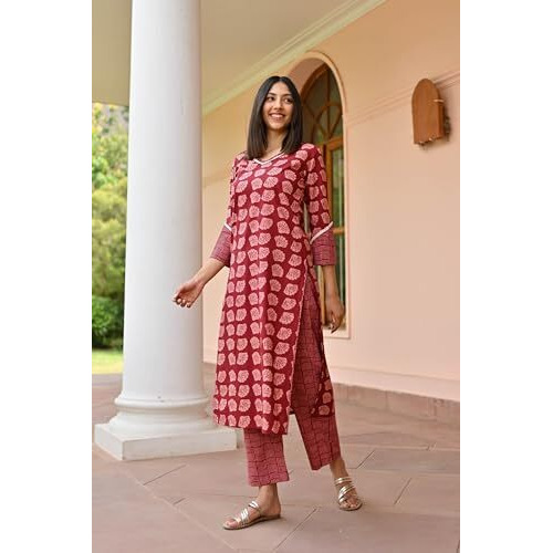ANNI DESIGNER Women's Cotton Blend Straight Printed Kurta with Pant (VIDULA Maroon_L_Maroon_Large)