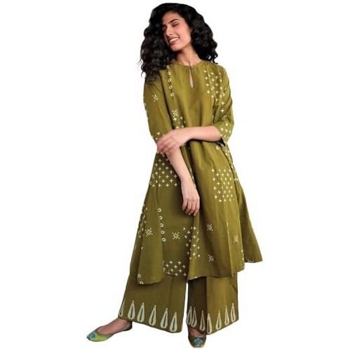 ANNI DESIGNER Women's Rayon Viscose A-Line Printed Kurta with Palazzo (CHAURYA Mehandi_S_Mehandi_Small)