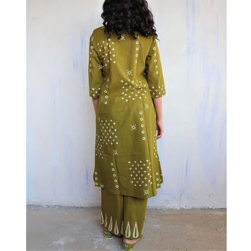 ANNI DESIGNER Women's Rayon Viscose A-Line Printed Kurta with Palazzo (CHAURYA Mehandi_S_Mehandi_Small)