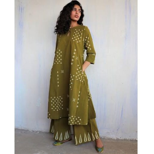 ANNI DESIGNER Women's Rayon Viscose A-Line Printed Kurta with Palazzo (CHAURYA Mehandi_S_Mehandi_Small)